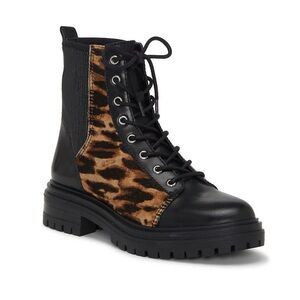 Stunning Vince Camuto Leather Lace-Up Combat Boot with Leopard accents Brand new